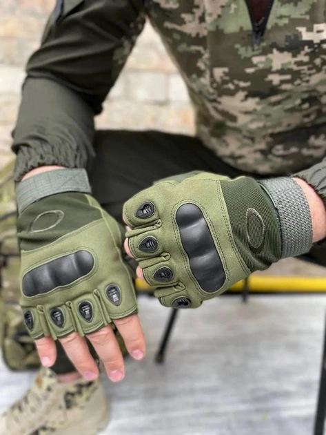 Военные тактические перчатки без пальцев c кастетом оливковый L - изображение 1