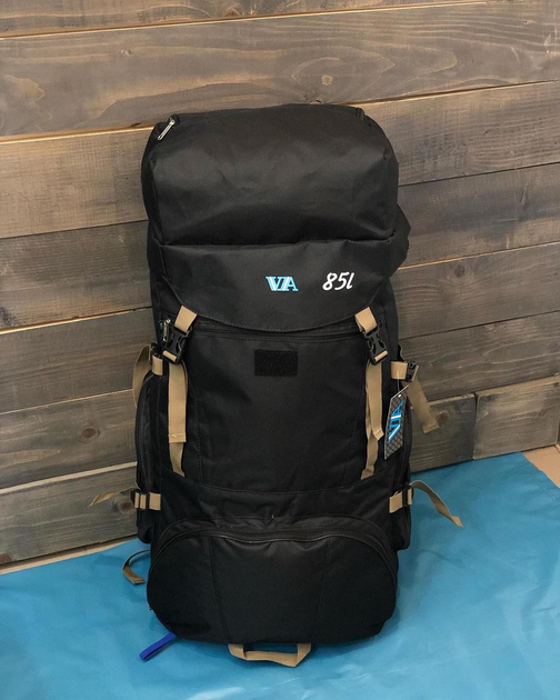 Универсальный туристический рюкзак 85 литров из влагоотталкивающей ткани походный черный - изображение 1