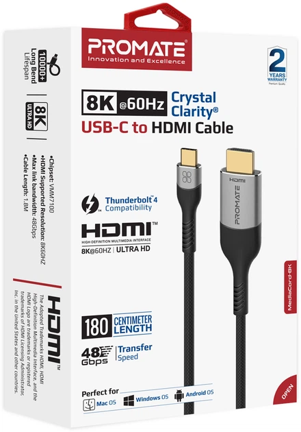 Кабель Promate MediaCord-8K USB-C to HDMI in 1.8 м Grey (mediacord-8k.grey) - Фото 5 Кабель Promate MediaCord-8K USB-C to HDMI in 1.8 м Grey (mediacord-8k.grey) - изображение 5