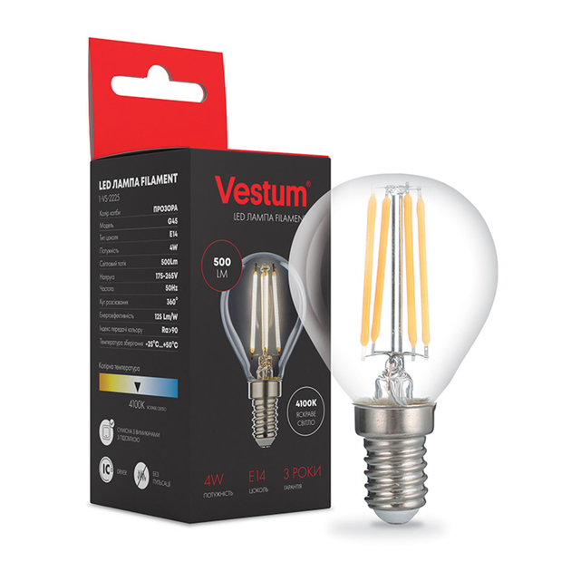 Світлодіодна філаментна лампа Vestum G45 Е14 4Вт 220V 4100К 1-VS-2225 - Фото 2 Світлодіодна філаментна лампа Vestum G45 Е14 4Вт 220V 4100К 1-VS-2225 - изображение 2