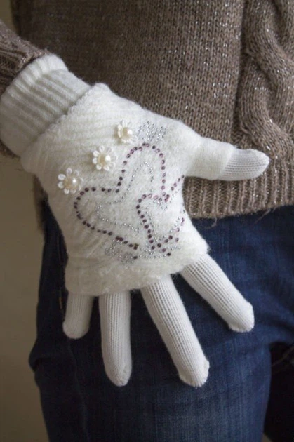 Вязаные женские белые перчатки-митенки Shust Gloves - изображение 5