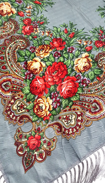 Украинский народный платок Марта розы 110*110 см серый - Фото 3 Украинский народный платок Марта розы 110*110 см серый - изображение 3