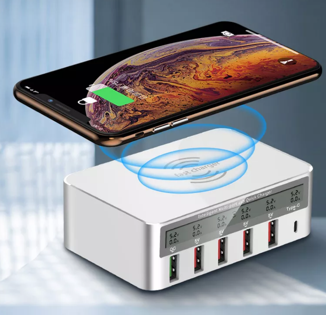 Зарядний пристрій WLX-818PF 100W 1xUSB QC3.0 / 4xUSB / 1xPD Type-C / бездротова зарядка Qi 10W - White - зображення 4