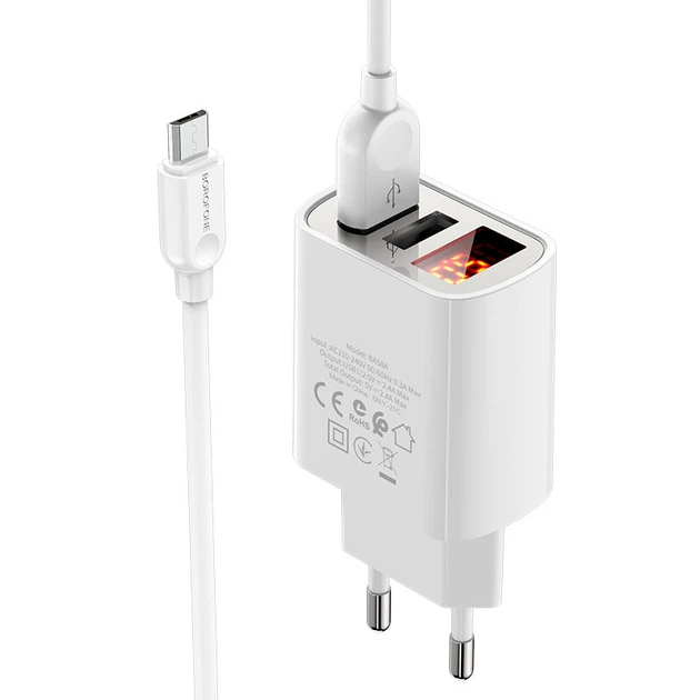 Зарядне мережеве BOROFONE BA58A Mighty (2USB 2.4A) Micro USB Білий - изображение 3