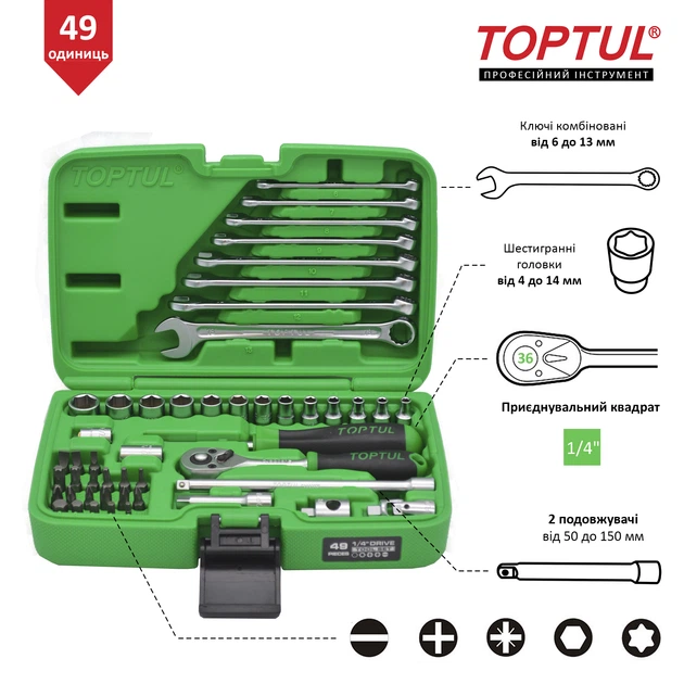 Набор инструмента Toptul 1/4" 49 предметов (GCAI4901) - Фото 2 Набор инструмента Toptul 1/4" 49 предметов (GCAI4901) - изображение 2