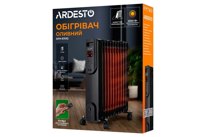 Масляный радиатор обогреватель с пультом ДУ таймером 11 секций Ardesto OFH-E11X2 2500 Вт 3 режима нагрева термостат LED –дисплей защита от перегрева опрокидывания на 25м - изображение 9