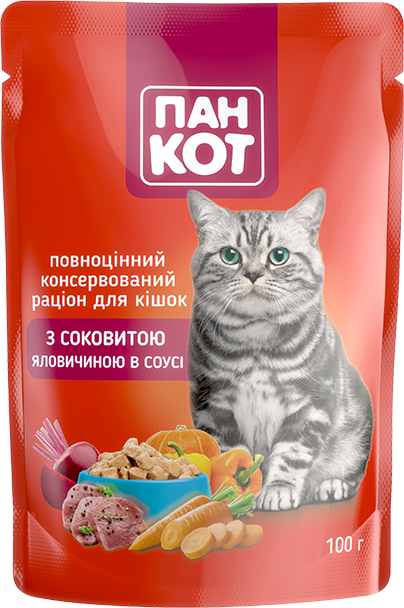 Пан Кіт з соковитою яловичиною в соусі (100гр.х24шт)2,4 кг - Фото 3 Пан Кіт з соковитою яловичиною в соусі (100гр.х24шт)2,4 кг - изображение 3