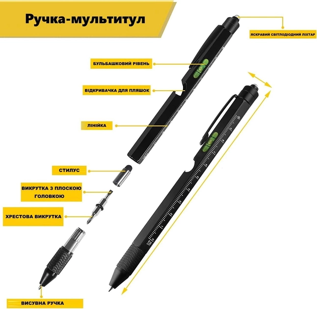 Багатофункціональна тактична ручка 9-в-1 Jasee ліхтар, стилус, викрутка, відкривачка для пляшок, лінійка, рівень (Чорна) - зображення 2