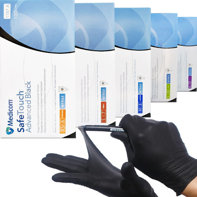 Нитриловые перчатки Medicom, плотность 5 г. - SafeTouch Premium Black - Чёрные (100 шт) - изображение 1