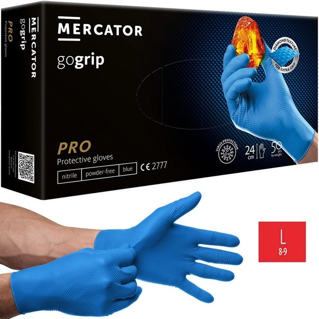 Нитриловые перчатки Cупер прочные GoGrip Mercator Medical, плотность 7.2 г. - голубые (50шт/25пар) L (8-9) - изображение 1
