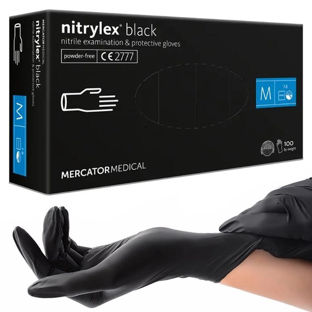 Нитриловые перчатки Nitrylex®, плотность 3.7 г. - PF Black - Черные (100 шт) M (7-8) - изображение 1
