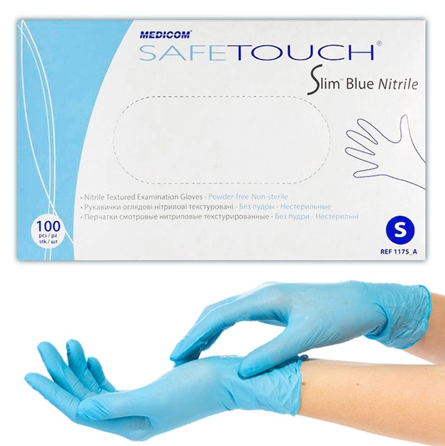 Нитриловые перчатки Medicom, плотность - 3.8 г. - Slim Blue (голубые) - 100 шт S (6-7) - изображение 1