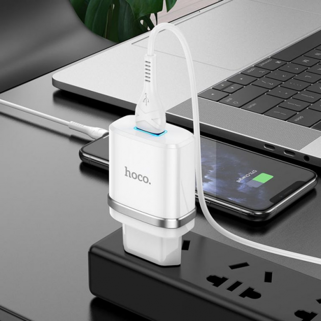 Зарядное устройство USB HOCO N1 2.4A 1 Usb + кабель Lightning White - Фото 3 Зарядное устройство USB HOCO N1 2.4A 1 Usb + кабель Lightning White - изображение 3