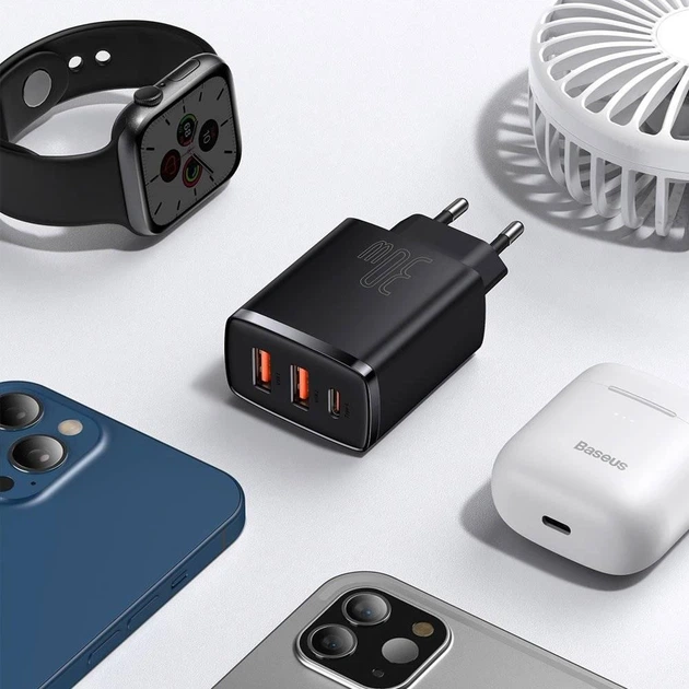 Сетевое зарядное устройство на 30 Вт BASEUS Compact Quick Charger (2USB/1Type-C, QC/PD, 30W, 3A). Black - изображение 6