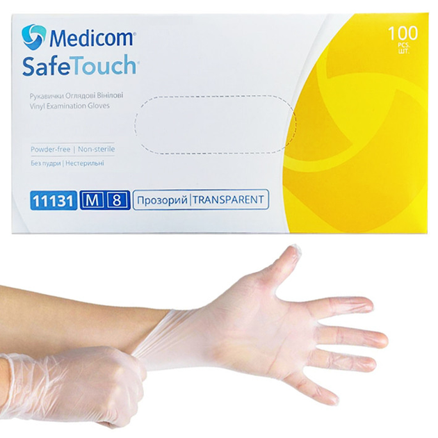 Перчатки виниловые Medicom, плотность 4.3 г. - Прозрачные (100 шт) M (7-8) - изображение 1
