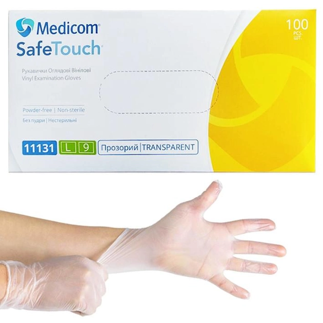 Перчатки виниловые Medicom, плотность 4.3 г. - Прозрачные (100 шт) L (8-9) - изображение 1