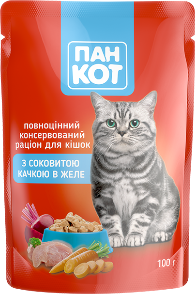 Пан Кот з соковитою качкою в желе Повноцінний консервований корм для кішок (100гр.х24шт)2,4кг - Фото 3 Пан Кот з соковитою качкою в желе Повноцінний консервований корм для кішок (100гр.х24шт)2,4кг - зображення 3