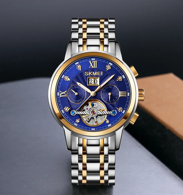 Стильные Мужские часы Skmei Механические M-029 Синий/желтое золото