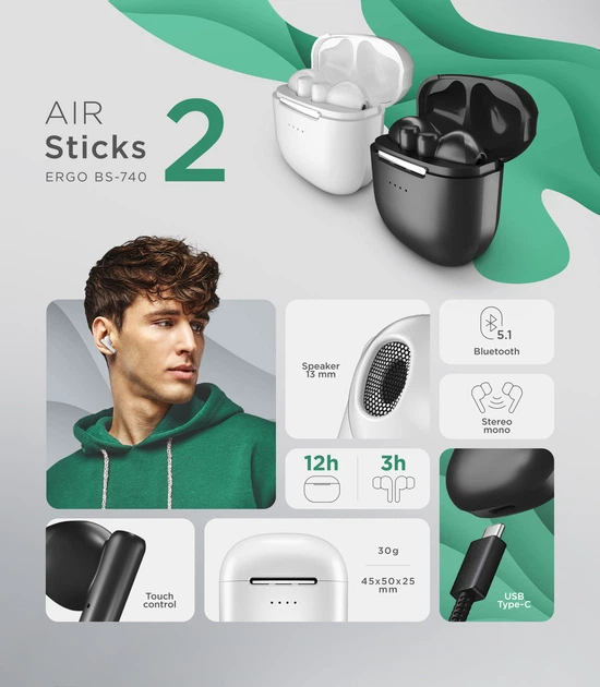 Наушники Ergo BS-740 Air Sticks 2 Black (BS-740K) купить в
