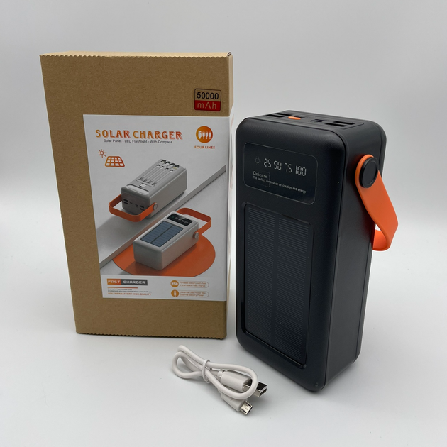 Power Bank с солнечной батареей Kamry 50000 mAh реальная ёмкость с экраном, фонариком, 4хUSB, кабеля 4в1 MicroUSB/Lightning/Type-C/USB Черный - изображение 6