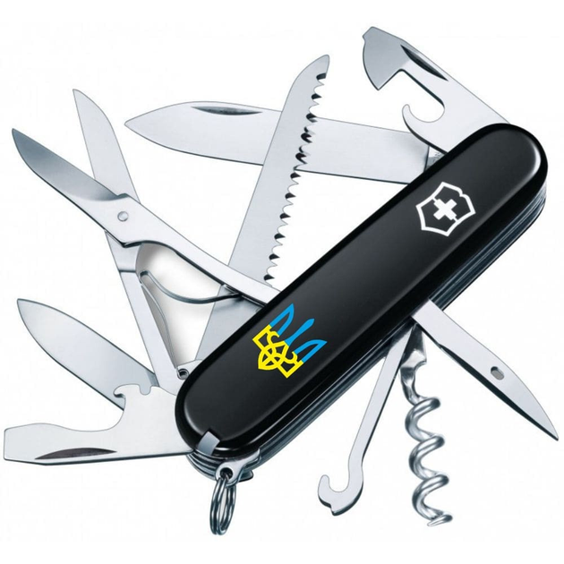 Складаний швейцарський ніж Victorinox Vx13713.3_T0016u Huntsman Ukraine 15 функцій 91 мм синьо-жовтий тризуб - зображення 1