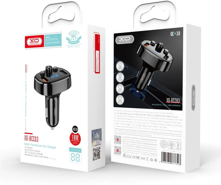 FM-трансмітер XO BCC03 Car Charger 18W Bluetooth+QC3.0 Quick Charger Black (6920680877348) - зображення 4