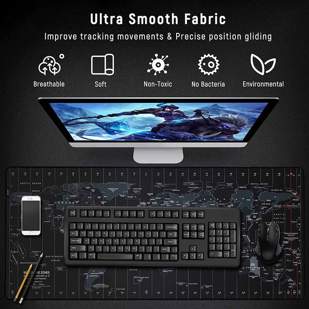 Коврик для игровой мыши JIALONG, большой коврик для мыши XXL 900x400 мм, удобный, моющийся, нескользящий коврик для стола, поддержка компьютеров, ПК и ноутбуков - Карта мира - изображение 3