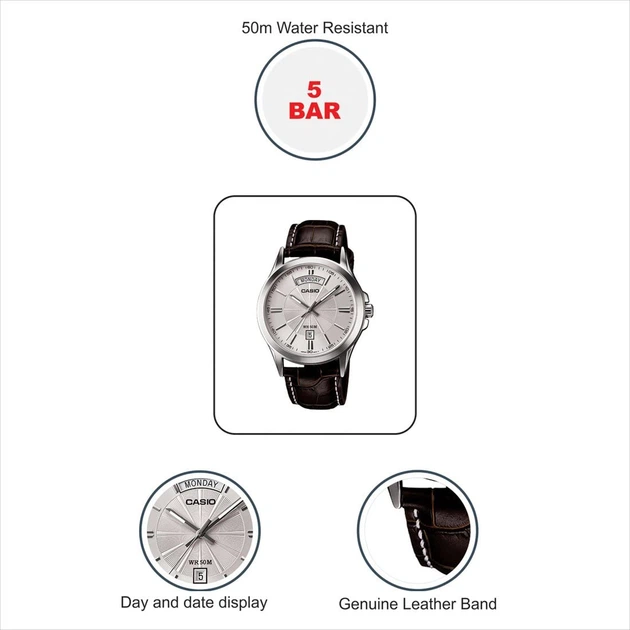 Чоловічий годинник Casio MTP-1381L-7A Сріблястий з коричневим з шкіряним ременем - зображення 4