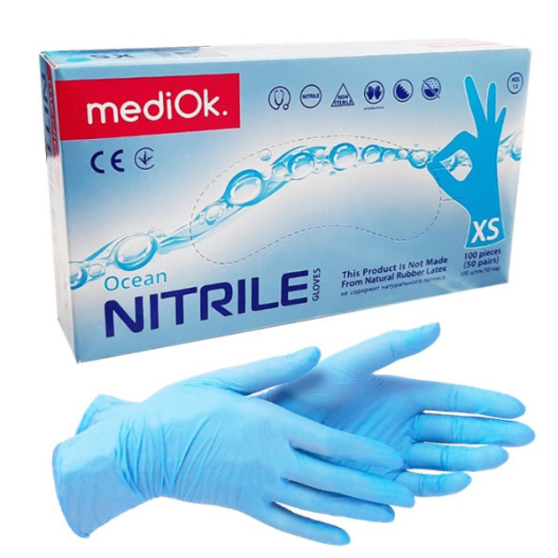 Перчатки нитриловые голубые, размер XS, MediOk (100 шт) - изображение 1