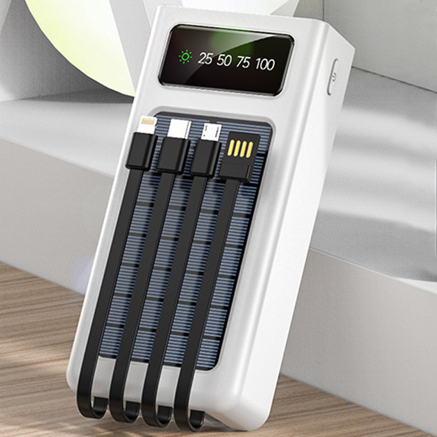 Power Bank на солнечной батарее Kamry 30000 mAh (реальная ёмкость) 2хUSB и встроенные кабеля MicroUSB/Lightning/Type-C/USB Белый - изображение 2