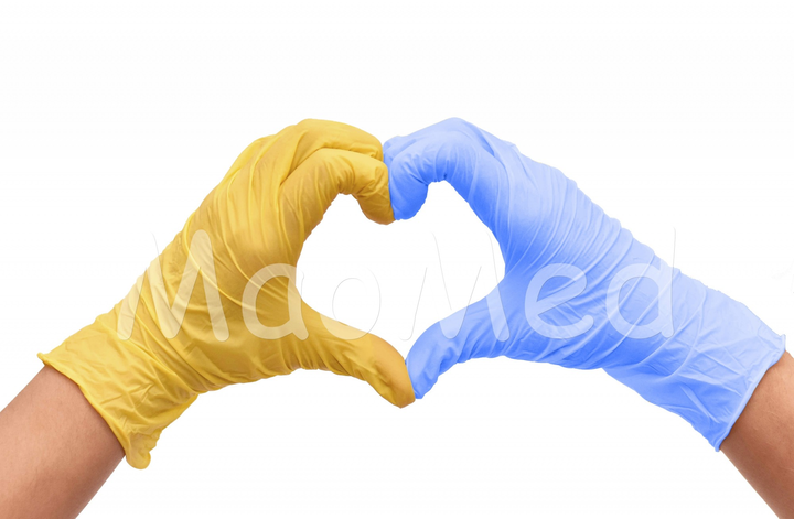 Перчатки нитриловые Medicom Blue and Yellow текстурированные без пудры голубые и желтые размер M 200 шт (3,6 г) - изображение 1