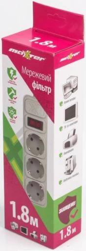 Сітковий фільтр MAXXTER SPM3-G-6G 1.8m 3 розетки, 220 В сірий - зображення 2
