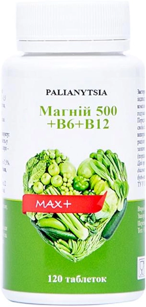 Магній +В6 +В12 MAX Palianytsia 750 мг 120 таблеток (4820255570426) - зображення 1