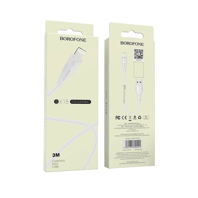 Кабель BOROFONE BX18 Optimal USB - Lightning (1.6A) (3M) Білий - Фото 2 Кабель BOROFONE BX18 Optimal USB - Lightning (1.6A) (3M) Білий - зображення 2