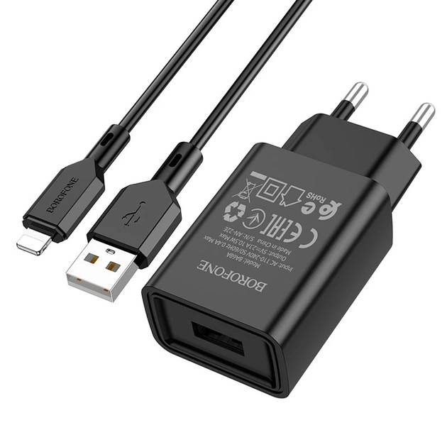 Зарядне мережеве BOROFONE BA68A Glacier (1USB 2.1A) Lightning Чорний - Фото 3 Зарядне мережеве BOROFONE BA68A Glacier (1USB 2.1A) Lightning Чорний - изображение 3