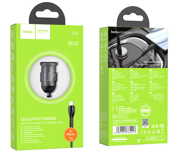 Автомобильная зарядка с быстрой зарядкой QC3.0 + MicroUSB кабель HOCO Z43 |1USB, 3A, QC, 18W| Черный - изображение 7