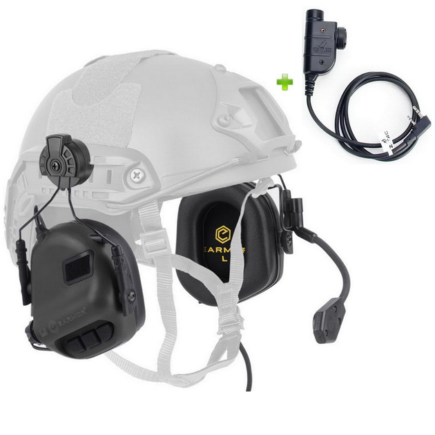 Активные наушники на каску шлем с гарнитурой Earmor M32H Черный + Кнопка PTT, Тангента Z125 (15026ptt) - изображение 1