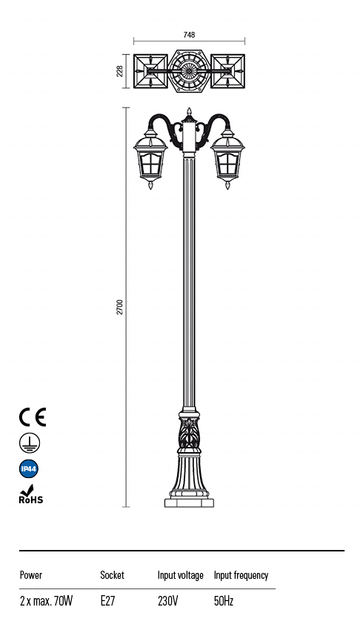 Стовпчик YORK STH270 E27 2X70W IP44 BR(4.1.1) Redo 9655 - зображення 3