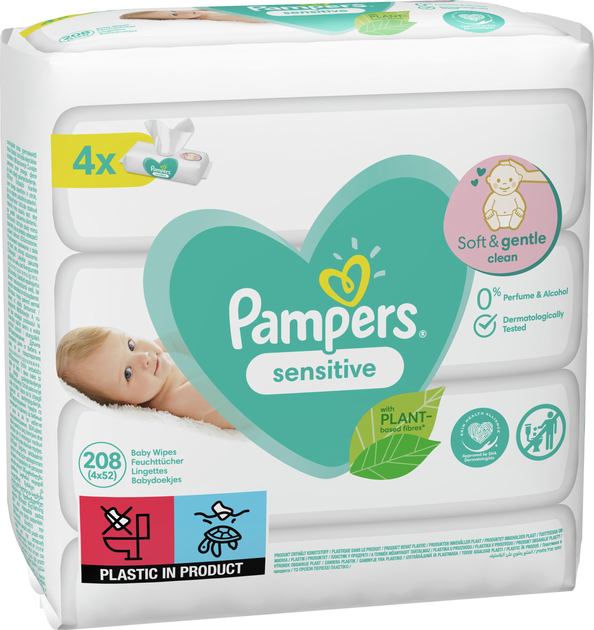 Zestaw Chusteczki nawilżane dla niemowląt Pampers Sensitive 4 x 52 szt (8001841062624) - obraz 3