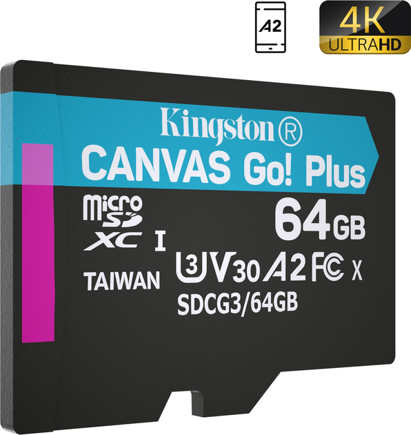 Kingston MicroSDXC 64GB Canvas Go! Plus Class 10 UHS-I U3 V30 A2 (SDCG3/64GBSP) - obraz 2