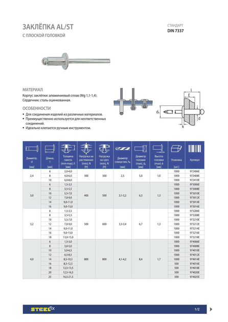 Заклепка с плоской головкой DIN7337 6х18 Al/St 11-13 Steelfix 20 шт ...
