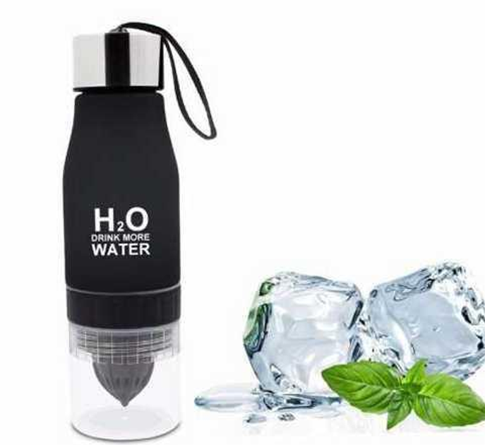 Спортивна пляшка H2O Water Bottle із соковижималкою та відсіком для льоду та фруктів 650 мл № B70 Чорна - зображення 1