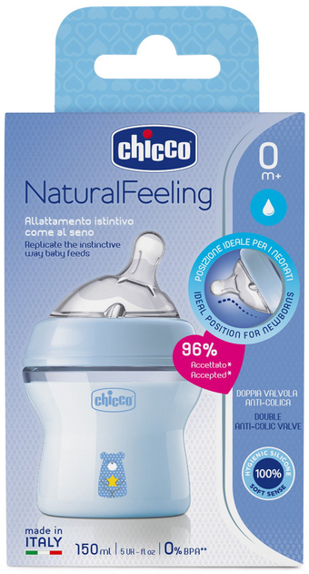 Пляшка для годування пластикова Chicco Natural Feeling Color 150 мл 0 м + Блакитна (81311.20) - зображення 9