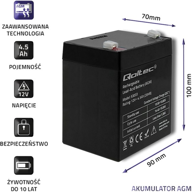 Акумуляторна батарея Qoltec AGM 12V-4.5Ah max. 67.5A (5901878530338) - зображення 3