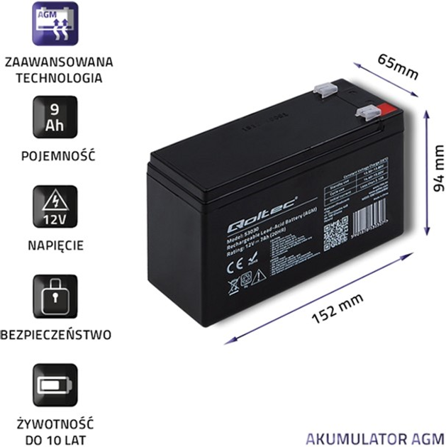 Akumulator Qoltec AGM 12V-9Ah max. 135A (53031) - obraz 3