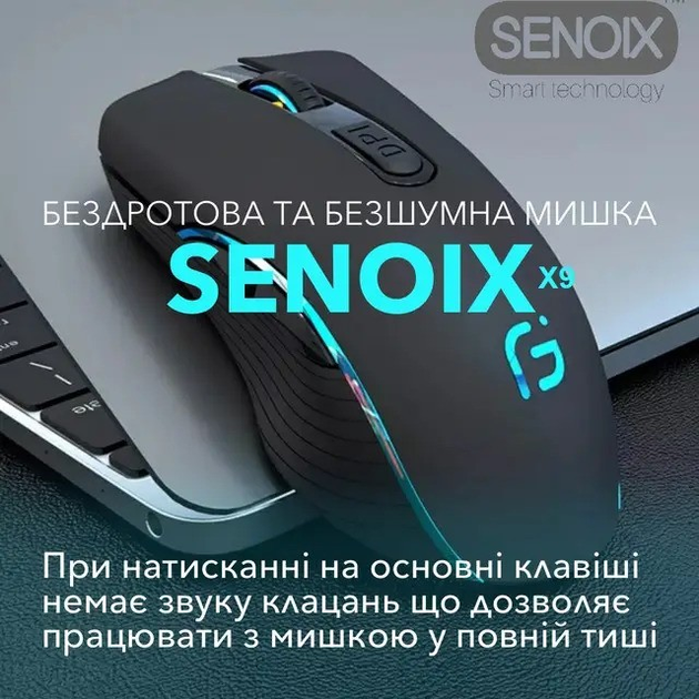 Мышь беспроводная, бесшумная игровая SENOIX™ Silent X9 Pro bluetooth + 2.4 gHz, с аккумулятором и подсветкой - изображение 2
