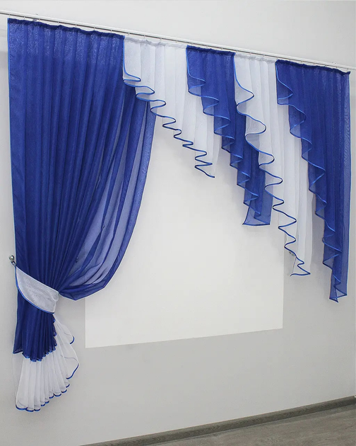 Акція на Кухонний комплект VR-Textil шторка з ламбрекеном № 070к Синій із білим 170х200 см (50-761) від Rozetka