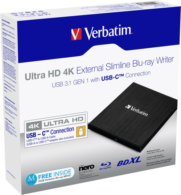 Napęd optyczny Verbatim Ultra HD 4K External Slimline Blu-ray Writer USB 3.2 Gen1 Type-C Black (43888) - obraz 4
