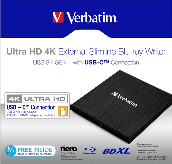 Napęd optyczny Verbatim Ultra HD 4K External Slimline Blu-ray Writer USB 3.2 Gen1 Type-C Black (43888) - obraz 5