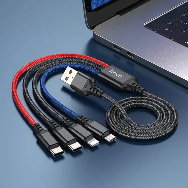 Кабель Hoco Combo 4-in-1 2type-C+Lightning + Micro USB Super charging cable X76 |1M, 2A| black/red/blue - Фото 3 Кабель Hoco Combo 4-in-1 2type-C+Lightning + Micro USB Super charging cable X76 |1M, 2A| black/red/blue - изображение 3